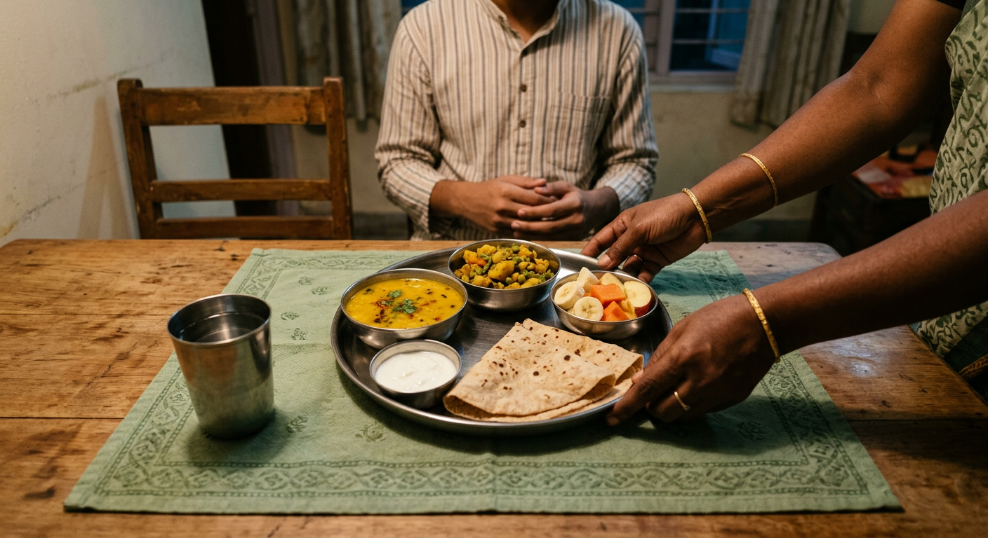A teenager’s thali being set on a family dining table in the evening